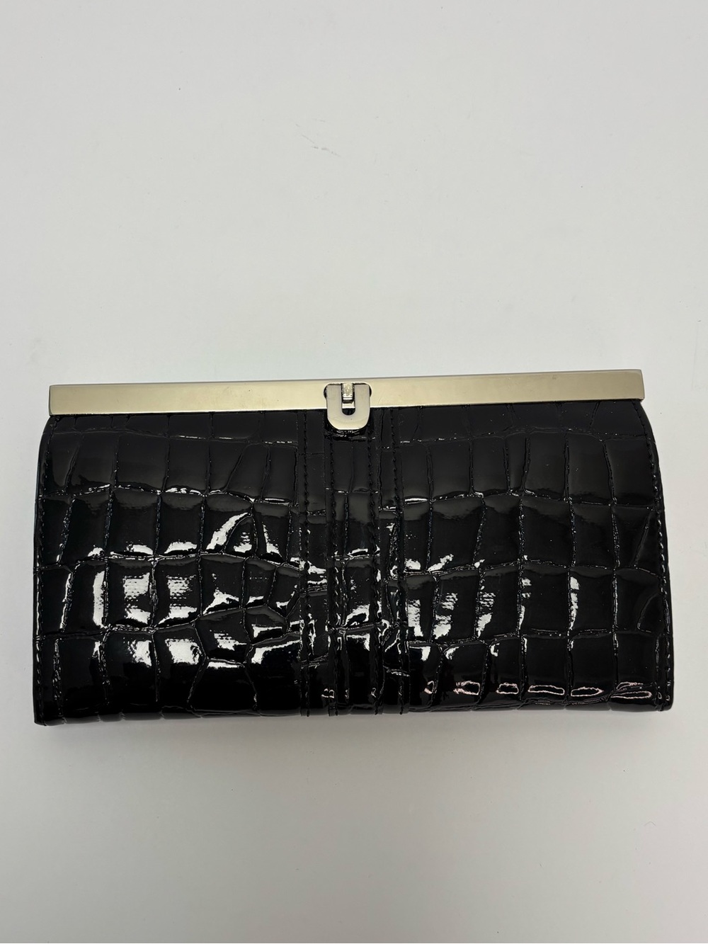 Black Patent Croc Embossed Frame Clutch Wallet Silver Hardware